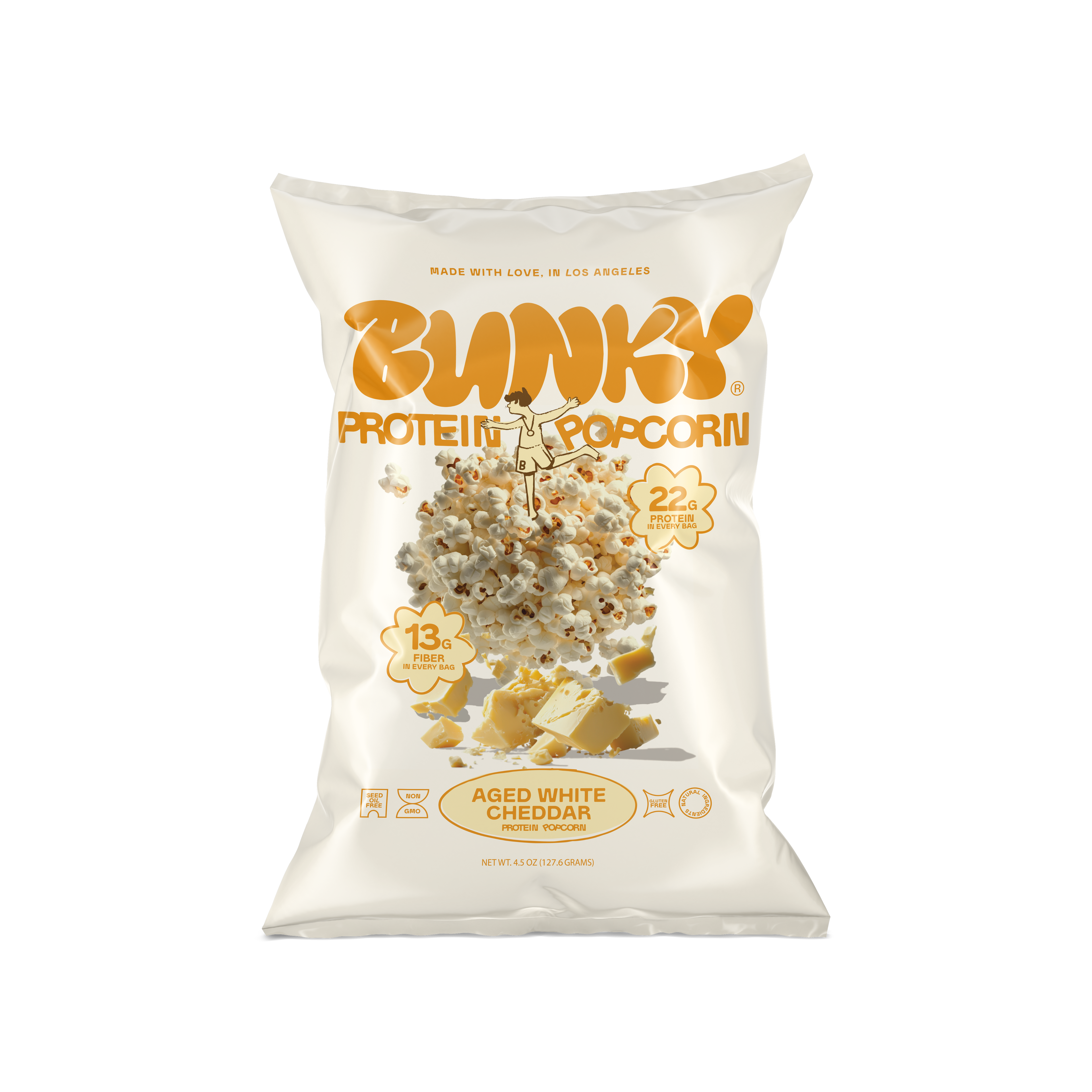 BUNKY Aged White Cheddar protein popcorn bag, up to 22g protein, zero seed oils