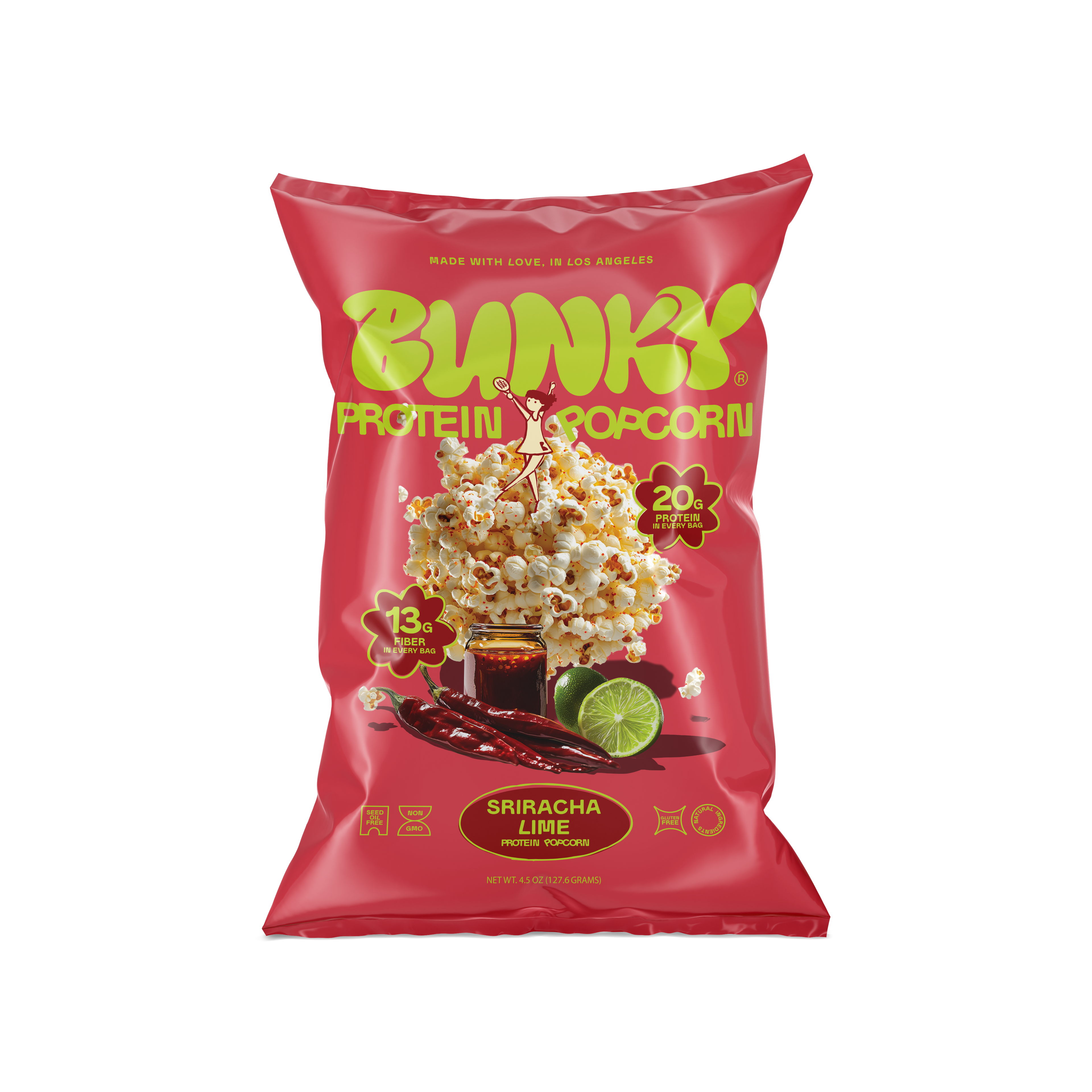BUNKY Sriracha Lime protein popcorn bag, smoky heat and bright lime