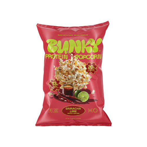 BUNKY Sriracha Lime protein popcorn bag, smoky heat and bright lime