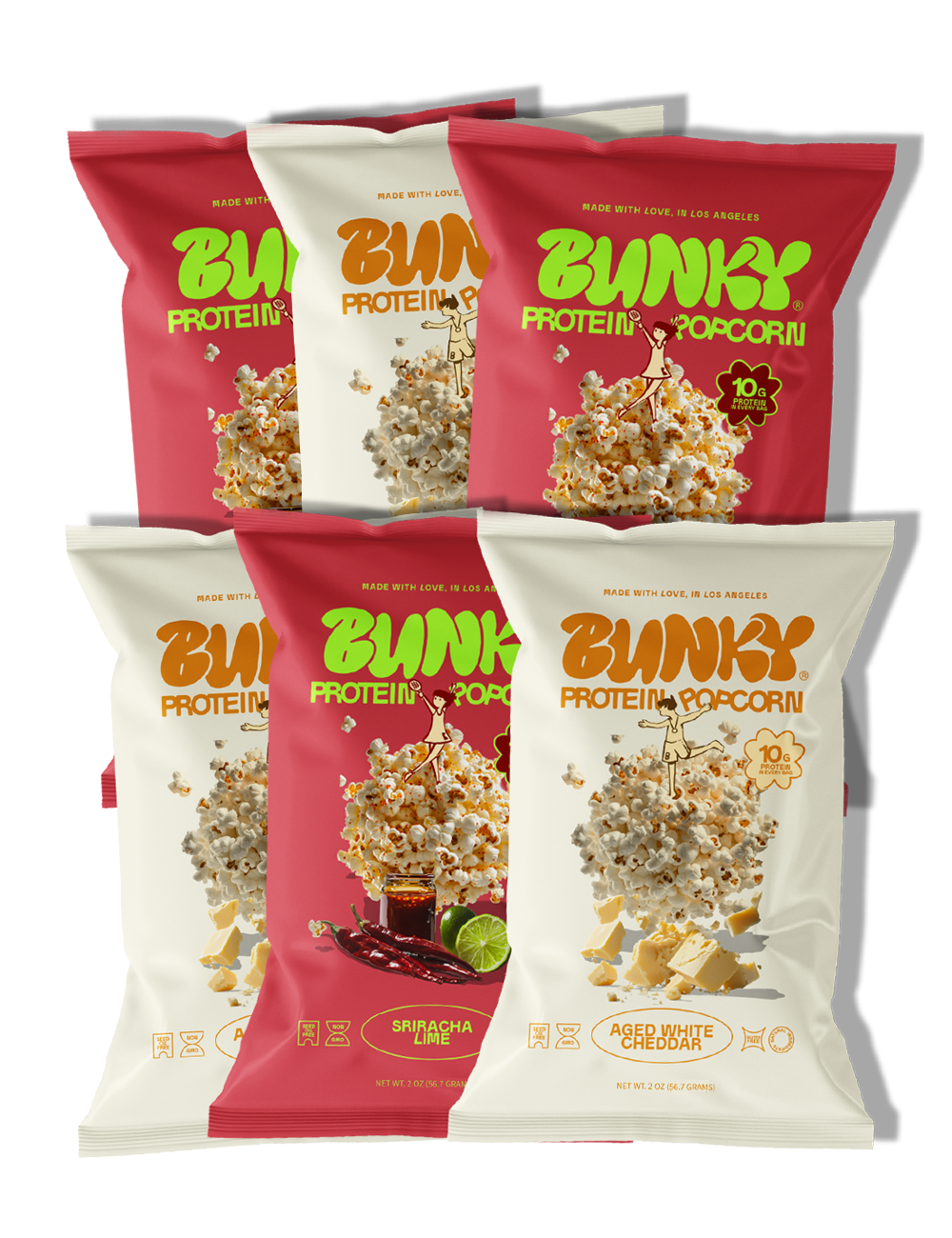BUNKY Protein Popcorn | Combo Variety Pack (Cheddar + Sriracha Lime) | High-Protein Air-Popped Snack | 10g Protein per Bag | Bold Flavors, Low Calorie, High Fiber | Healthy Snack Packs (4, 6, or 12 Bags)